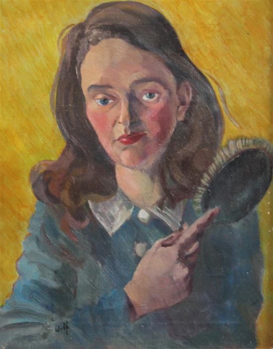 § Edward Wolfe (1897-1982) Portrait of a lady brushing her hair, 20 x 16in.